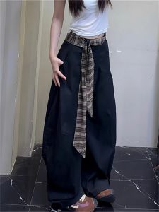 High Waist Wide Leg Pants Womens Summer New American Retro Workwear Casual Trousers Plaid Belted Knife Shape Casual Pants