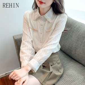 REHIN Womens top Autumn new smal lapel long-sleeved shit niche jacquard elegant chiffon blouse