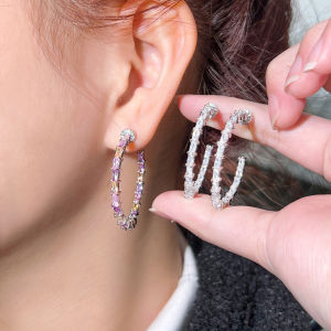 SEQUITO Simple Style Lady Jewelry Silver Gold Plated Pave Setting Multicolor Baguette Cut AAA Cubic Zirconia Bamboo Big Round Hoop Earrings for Prom Party SE683