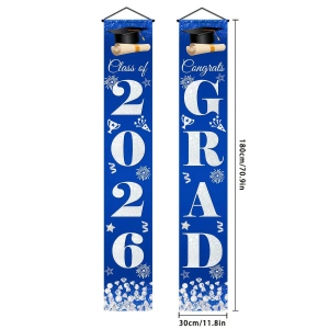 Blue 2026 Graduation Porch Banner Set "Class of 2026" & "Congrats Grad" Door Decor with Cap & Diploma for Grad Party