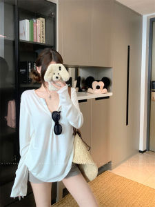 White Casual Loose Long Sleeve T-Shirt Womens Autumn Winter Lightweight Slimming Versatile Top UV Protection Cover up