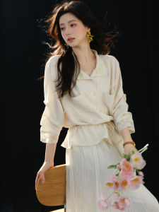 Lace Spliced Tied Pinch Waist Work Shirt