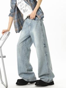 OULUDE | Washed Light Blue Mens Summer Wide Leg Trousers
