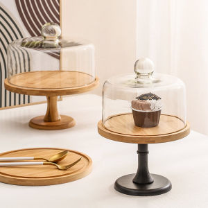 Wooden High-legged Cake Tray Rotating Display Stand Bread Tasting Plate Glass Cover Dessert Table Nordic Style Home Use Handmade
