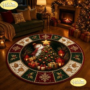 VIKAMA Christmas Round Rug Snowman Tree Angel Lantern Star Area Rug Living Room Holiday Home Decor Aesthetic Art Large Premium