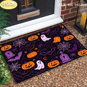 VIKAMA Halloween Doormat Happy Halloween Spider Web Bat Spider Print Absorbent Non Slip For Front Door Entryway Porch Decor