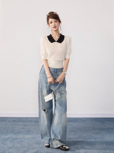 THROUS | Quần Jeans Đùi Rộng Phong Cách Hoài Cổ Thun eo Cao