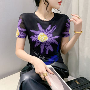 Yimei 2024 Áo thun lưới cổ tròn in định vị ngắn tay Mới Mùa Xuân xu hướng áo sơ mi mặc trong ôm vừa thời trang nữ