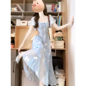 CHANGTONG | Gentle Breeze Unique Beautiful Blue Floral Waist-Cinching Dress French Initial Long Dress Tea Break Relaxing Elegant Skirt