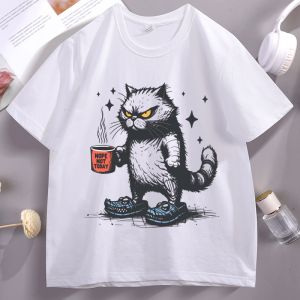 Sanrio | Nope Not Today T-Shirt Cat Mom Tshirt Cute Angry Cat Coffee T Shirt O Neck Short-sleeved Tops Cat Dad Breathable Man Cotton