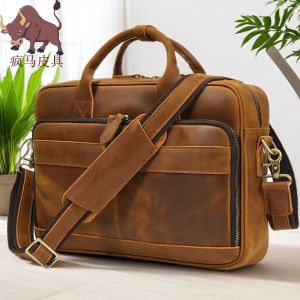 กระเป๋าสะพายข้างหนังวัวแท้สไตล์วินเทจสำหรับผู้ชาย กระเป๋าใส่โน้ตบุ๊ก 17 นิ้ว กระเป๋าใส่เอกสารแบบสี่เหลี่ยมแบน กระเป๋าสะพายข้างแบบลำลอง