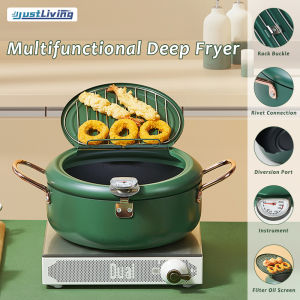 JustLiving หม้อหม้อญี่ปุ่นแบบนอนสติ๊กขนาด24ซม. ใช้ในบ้านทอดในห้องครัวแบบพกพาเครื่องทอดทรงลึกกระทะเครื่องทอดเทมปุระพร้อมเครื่องวัดอุณหภูมิเครื่องครัวกระทะทอดในครัวเรือน