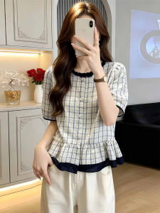 Checker Sleeveless Korean Style Wood Eared Round Collar Ruffled Hem Petite Shirt