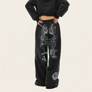 American Retro Design Printed Sporty Wide Leg Pants Straight Cut Loose Fit Streetwear for Men And Women Casual Comfortable