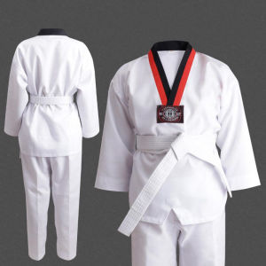 110-180cm Cotton Taekwondo Uniform Karate Uniform Taekwondo V-Neck White Complete Uniforms with Free White Belt