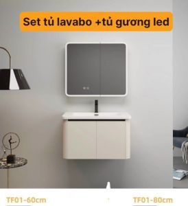 Tủ lavabo kèm tủ gương led cảm ứng chất liệu nhôm tổ ong đặc ruột không kèm vòi nước