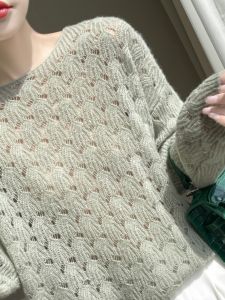 YAKUER | Silk Cashmere Knit Sweater Loose Long Sleeve Lace Lightweight Blouse