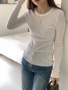 Womens round Neck Long Sleeve T-Shirt Bottoming Shirt Wood Grain Edge Classic Style Commute Fashion Spring Autumn Season