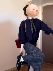 College Style Knitted Sweater And Midi Plaid Skirt Set for Women Autumn Winter New Arrival Fashion Outfit Long Sleeve Polyester