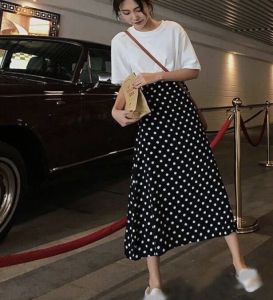 Polka Dot Skirt Womens Summer New New Arrival Retro High Waist Slim Looking Mid Length Long Length Chiffon Skirt A- Line Ankle-Length Dress