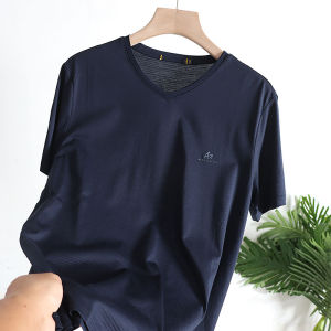 Brand Label Cutting! Lyocell Mercerized Cotton! Summer Fashion V Neck Plaid Delicate Easiest for Match Casual Short-Sleeved T-shirt Men