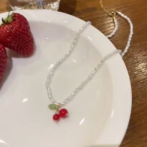 good 999 18K Gold Cherry crystal sweet pearl temperament necklace N8337