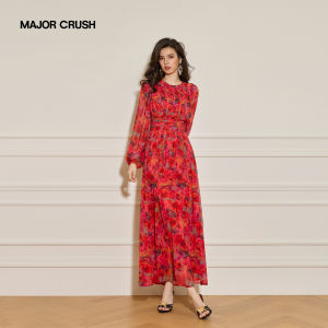 New Fashion Rose Print Elegant Waist Slimming Flowy Maxi Dress