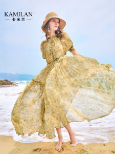 Kamilan French Vacation Silk Dress Womens New Summer Beautiful A-Line Skirt Polyester Fiber Bubble Sleeve Loose Waist Print Dress
