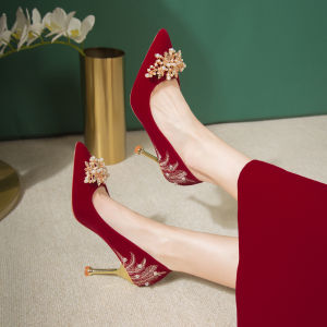Red Pointed Toe Wedding Shoes Low Heel Thin Heel Womens Shoe Two-Way Wear Daily Fashion Single Shoes Butterfly Knot Design