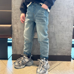 Slim Fit Fleece Lined Denim Pants for Boys Childrens Winter Long Trousers Comfortable Elastic Waist mid Washed Jeans for Kids