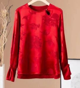 Acetate Satin Floral Embroidery Base Shirt Womens Thin Long Sleeve Versatile Shirt Zen Long Sleeve Top Casual Loose Fit Summer T-shirt