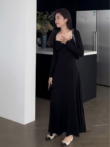NINGXI | French Hepburn Style Black Square Neck Long Sleeve Elegant Waist-Cinching Dress
