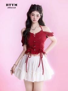 HTYM Romantic Cherry Red Slim Fit Short Sleeve T-Shirt Womens Summer Design Drawstring Bubble Sleeve T-Shirt Sweet Cool Style
