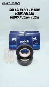 PAKET ISI 5 PCS Electrical Tape POLLAK / Solasi Kabel Listrik Hitam 18mm x 20M / Isolasi PVC Lentur Tahan Panas ORIGINAL POLLAK