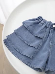 Girls Summer Pleated Frill Denim Shorts Fashionable Lightweight Beach Seaside Holiday Wear for Kids. Full Elastic Waistband