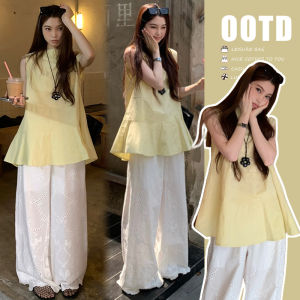 Pregnant Mom Stylish Summer Outfit Set Wooden Ear Ruffle Top with Lace Wide Leg Pants