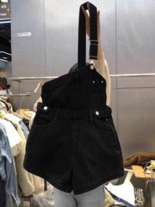 Summer Thin Denim Shoulder Strap Shorts Womens Casual High Waist Slimming Wide Leg Pants Commute Style Pocket Detail