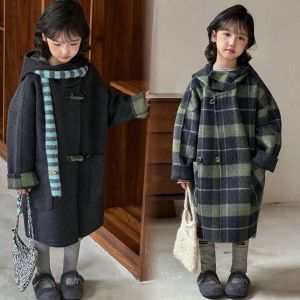 Girls High-End Double-Faced Fleece Tweed Coat Mid-Length Plaid