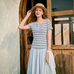 XIANGYING | Nautical Embroidery Straight Shoulder Cotton Fitted T-Shirt