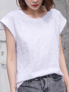 Loose Fit Bamboo Rayon Short Sleeve Womens T-Shirt Pure Cotton Base Shirt Summer New Style Korean round Neck Solid Color
