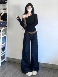 Slim Fit Leopard Print Knitted Shoulder Baring Top for Women Casual Style Long Sleeve Knitted Sweater Korean Style Autumn Winter New Arrival