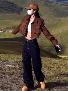 แจ็คเก็ตมอเตอร์ไซค์สั้นทรงหลวมสไตล์เรโทรสีน้ำตาลสำหรับผู้หญิง เสื้อผ้าทำงานฤดูใบไม้ร่วง/ฤดูหนาว สไตล์ใหม่ แขนยาว ปกติ