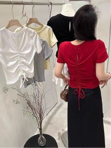 Áo Thun Nữ Tay Ngắn Cổ Tròn Màu Đỏ Ôm Vừa Vặn Mùa Hè Thiết Kế Eo Hở Lưng Rút Dây Khoét Rỗng Áo Ngắn Cotton Pha Trộn