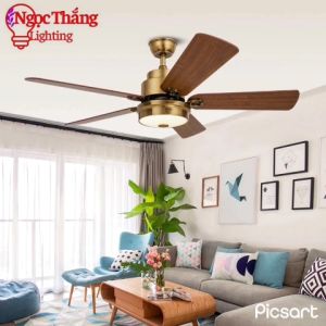 Quạt Trần Đèn 5 Cánh Gỗ Trang Trí Sảnh Phòng Khách Cao Cấp QT2000 Ngọc Thắng (Kèm remote điều khiển từ xa)