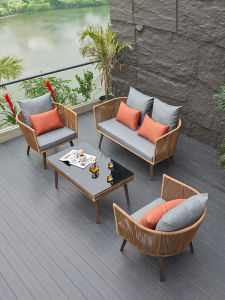 Outdoor Casual Rattan Sofa Model Room Garden Courtyard Balcony Rattan Furniture Chinese Living Room Rattan Chair Sofa Combination