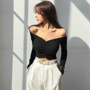 Spicy Off-Shoulder Long Sleeve T-Shirt Womens Casual K-Style Slim Fit Cotton Polyurethane Elastic Fiber Open Back Work Clothing