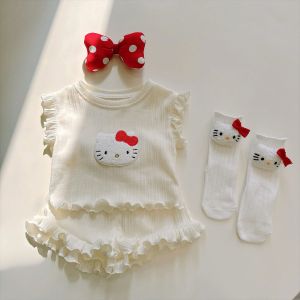 Baby Girls Summer Thin Set Cute Cartoon Trimmed Earlet Two-Piece Suit Breathable Polyester Cotton Blend Comfortable Outfit