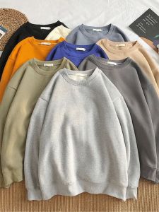 Solid ลำลอง คอกลม เสื้อสเวตเตอร์ สําหรับผู้หญิง สีบริสุทธิ์ สตรีทสไตล์ แขนยาว โอเวอร์ไซส์ พอดีสบาย เสื้อฮู้ด