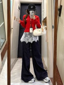 กางเกงยีนส์ขากว้างเอวสูงทรงหลวมสไตล์อเมริกันย้อนยุคสีน้ำเงินเข้มสำหรับผู้หญิง กางเกงขายาวทรงหลวมสไตล์ย้อนยุคสำหรับผู้หญิง