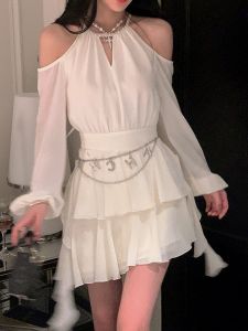 ชุดเดรสยาวคอวีแขนกุดทรงเอคอตั้งสไตล์เกาหลีสำหรับผู้หญิงไซส์ใหญ่ในฤดูใบไม้ร่วงปี 2024